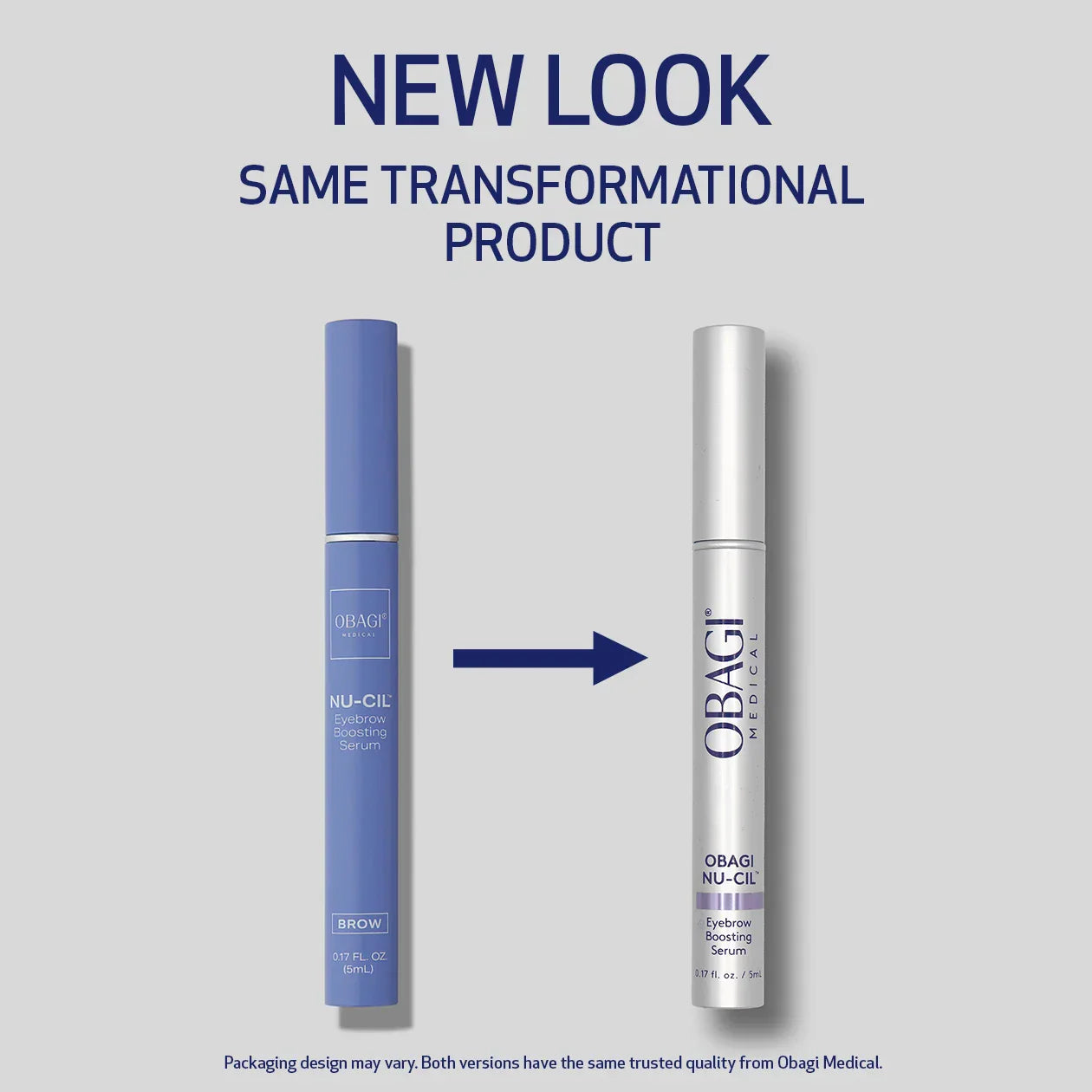 Two cosmetic products with Obagi branding on a gray background, featuring text about a &