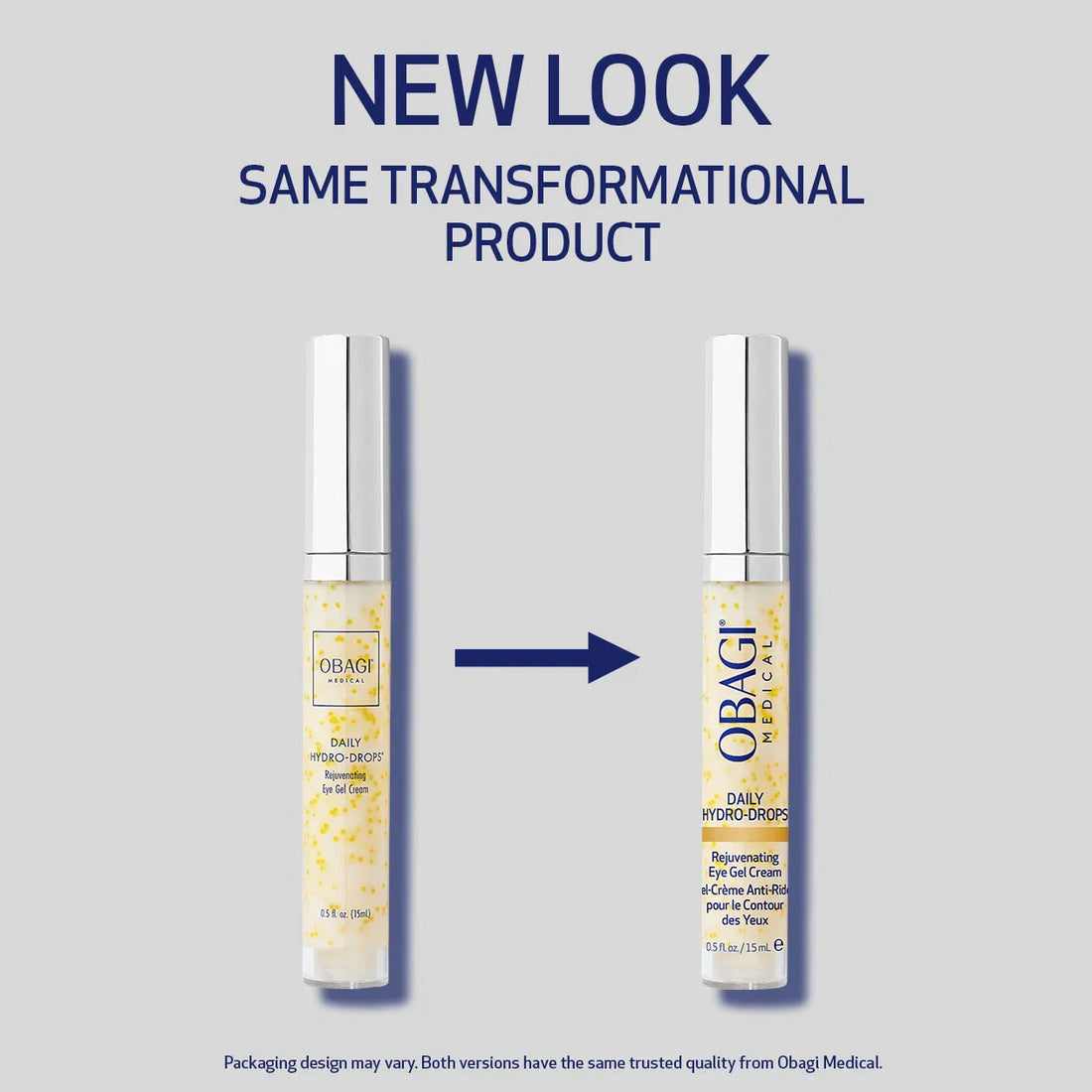 Two Obagi skincare products with a blue arrow and text indicating a new look.
