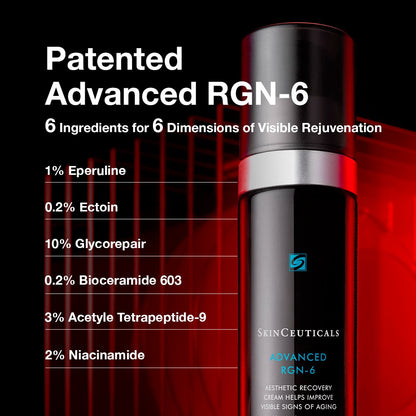 SkinCeuticals Advanced RGN-6 skincare product with ingredient list on a dark background